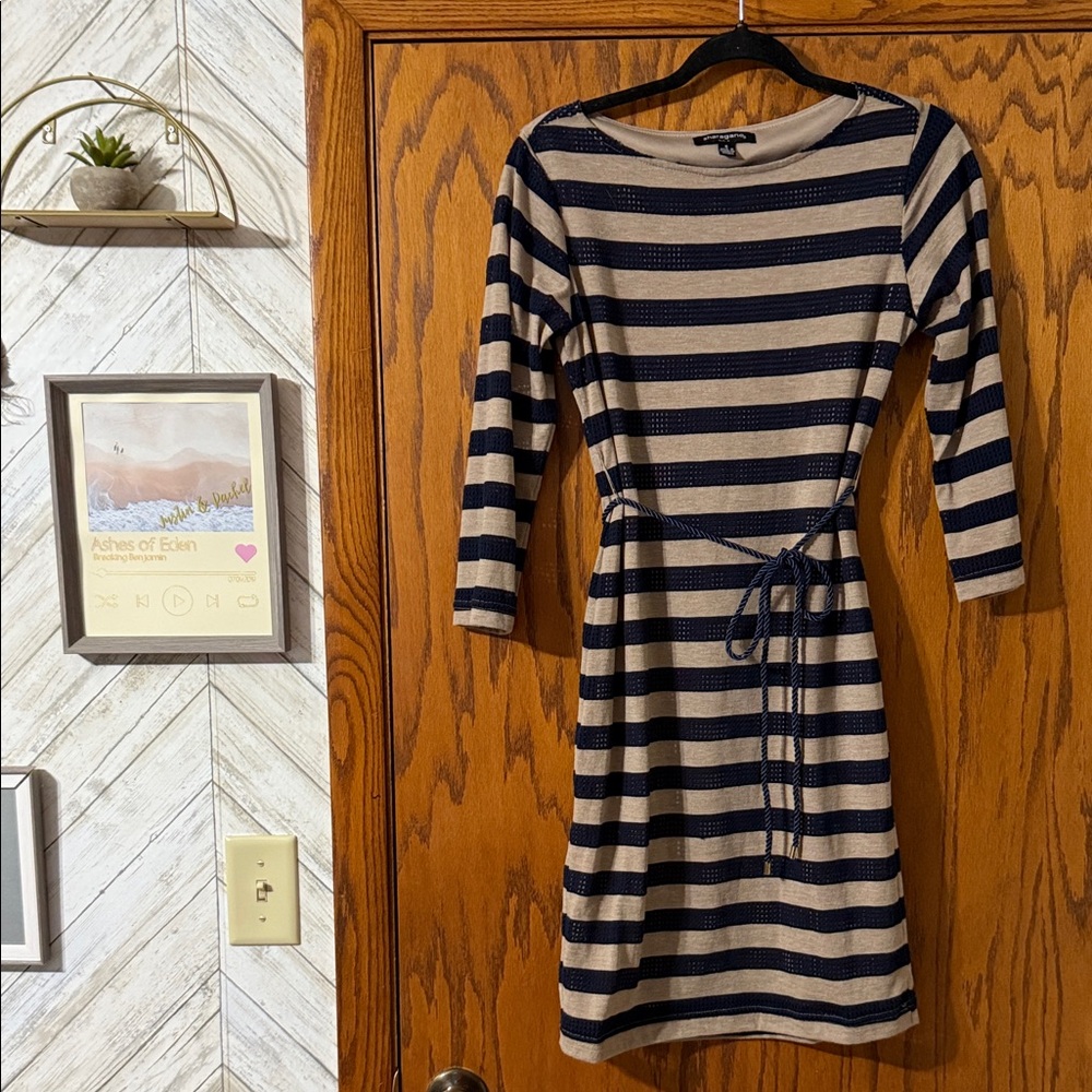 Sharagano Navy and Beige Striped Long Sleeve Dress